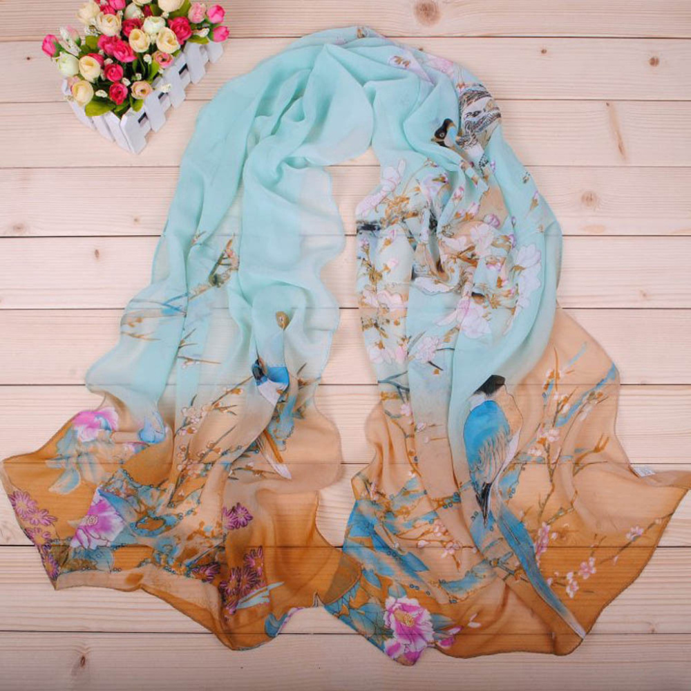 Teal & Olive Chiffon Floral Print Scarf - Picture 2 of 4